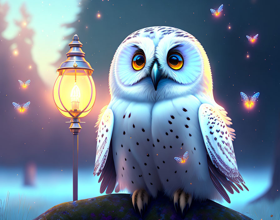 Snow owl perched by lamp post at twilight with glowing butterflies