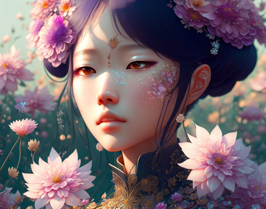 Ethereal female figure surrounded by blush-toned blooms and floral patterns