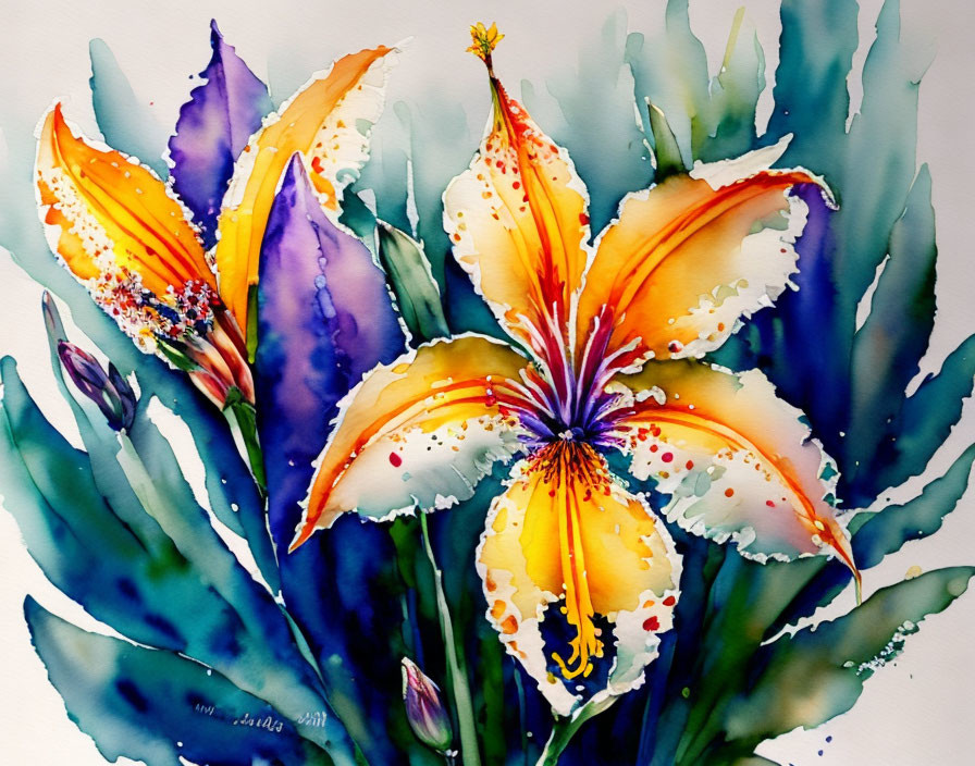 Colorful watercolor painting of orange and yellow lily on blue and purple backdrop
