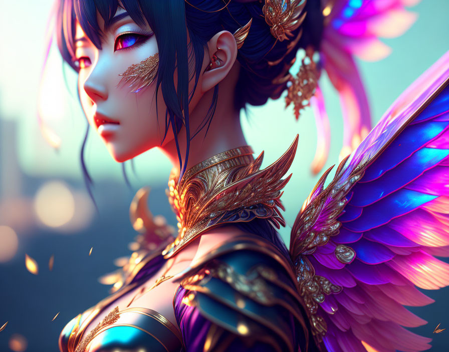 Colorful digital art portrait of a woman with angel wings and ornate armor.