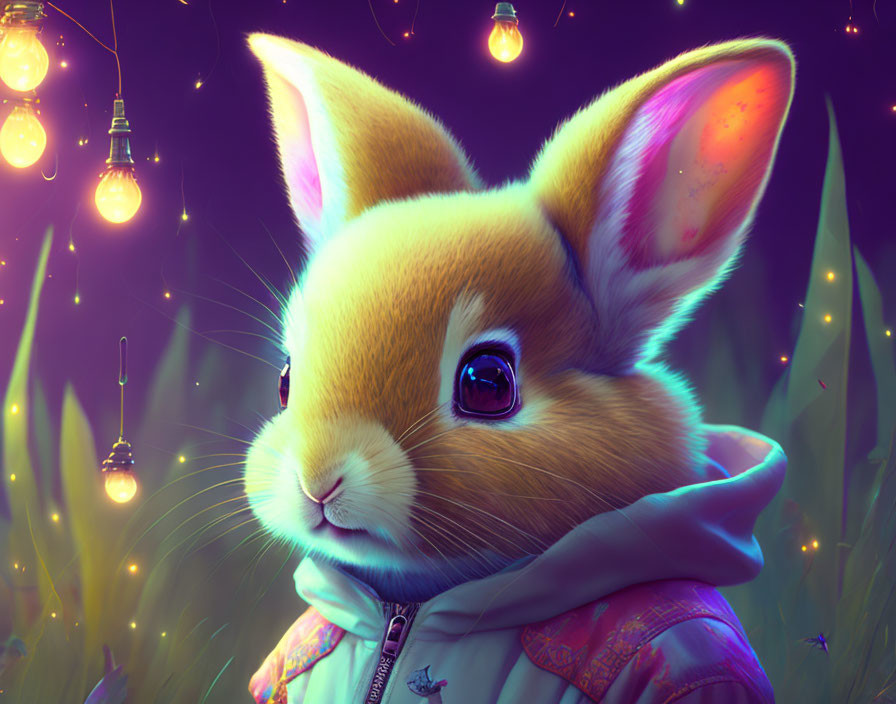 Anthropomorphic rabbit in jacket surrounded by glowing light bulbs and colorful ambiance