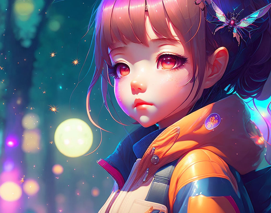 Illustration of young girl with expressive eyes, glowing orbs, and dragonfly against colorful backdrop
