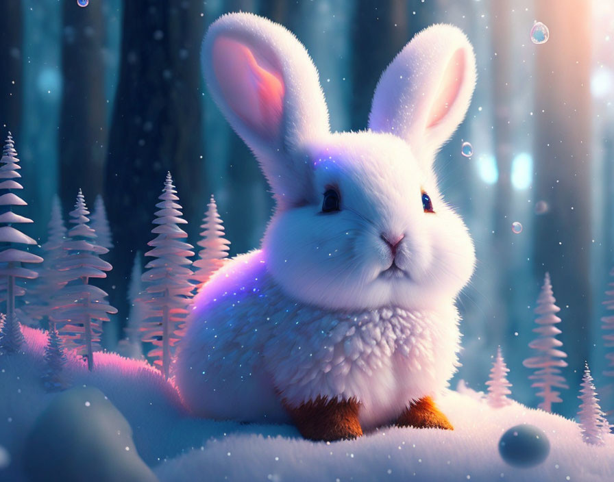 Enchanting white rabbit in magical snowy forest with glowing colors