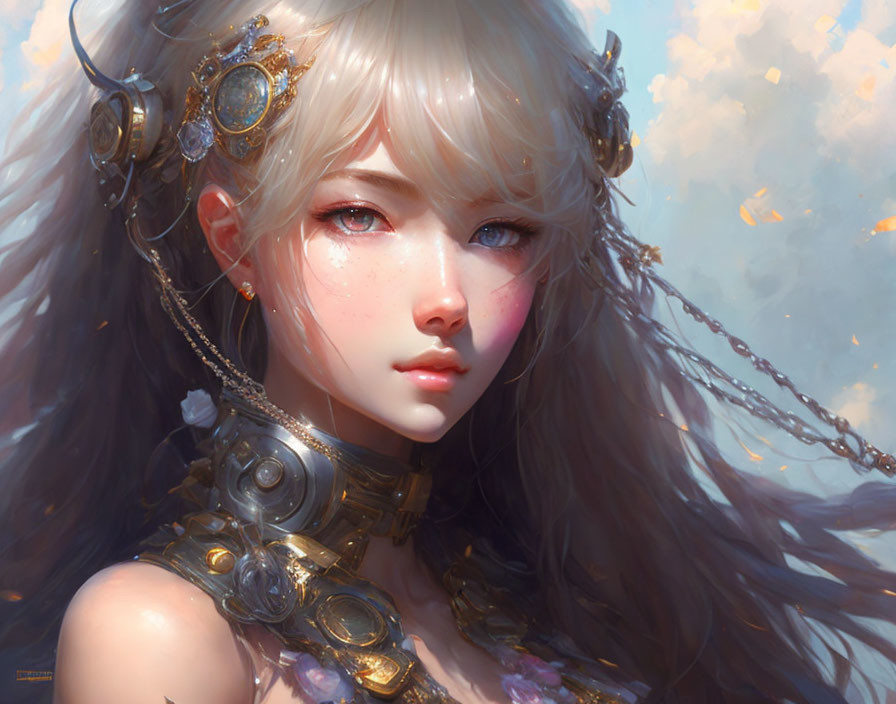 Digital Artwork: Girl with Light Hair and Gold Armor in Ethereal Setting