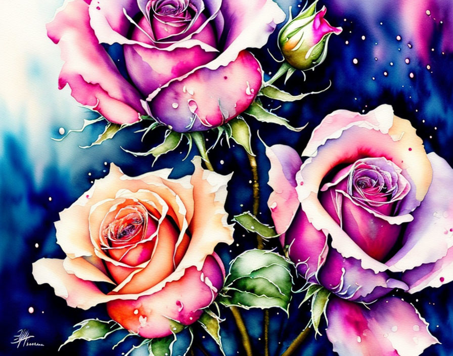 Colorful watercolor painting: Pink and orange roses with water droplets on petals against blue background
