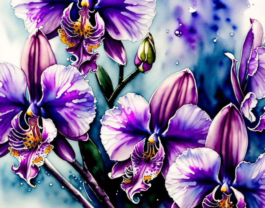 Purple Orchids Watercolor Painting with Yellow Accents