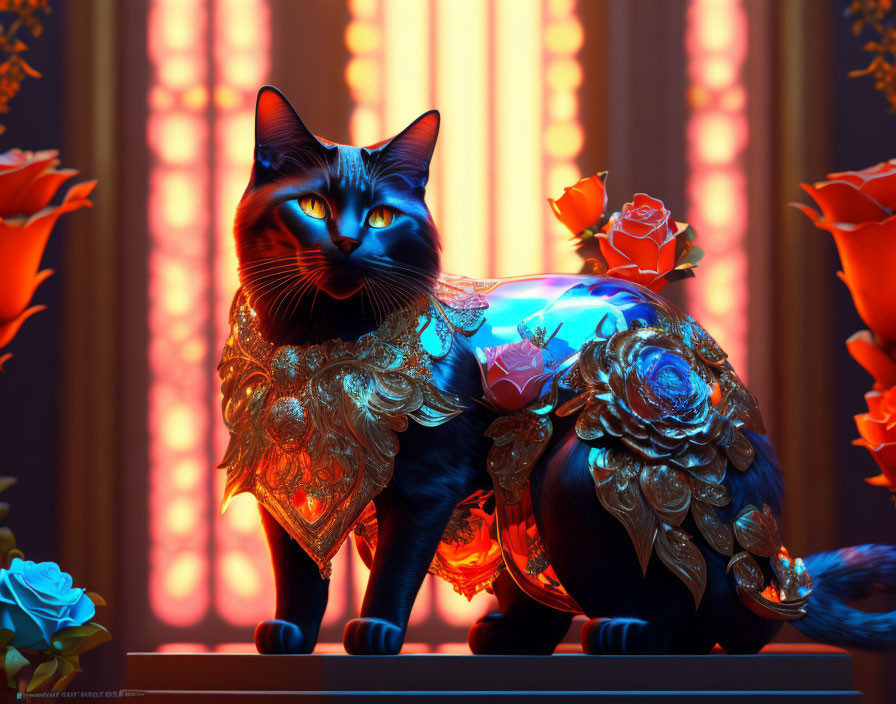 Majestic cat in golden armor with glowing blue eyes among roses