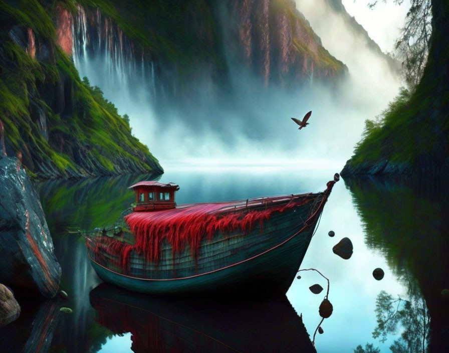 Tranquil landscape with red boat, misty atmosphere, cliffs, waterfalls, and bird