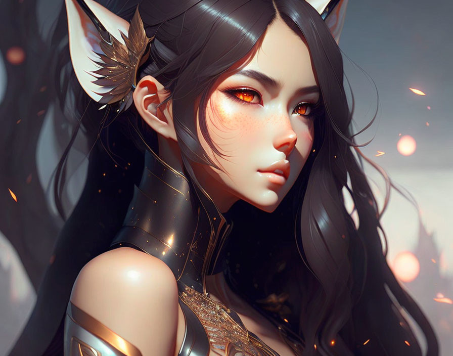 Female character with amber eyes and wolf-like ears in black and gold armor, surrounded by floating embers