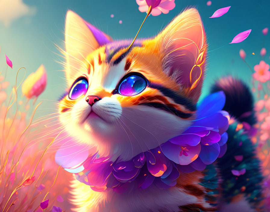 Colorful whimsical cat illustration mesmerized by floating leaves in sunset-lit landscape