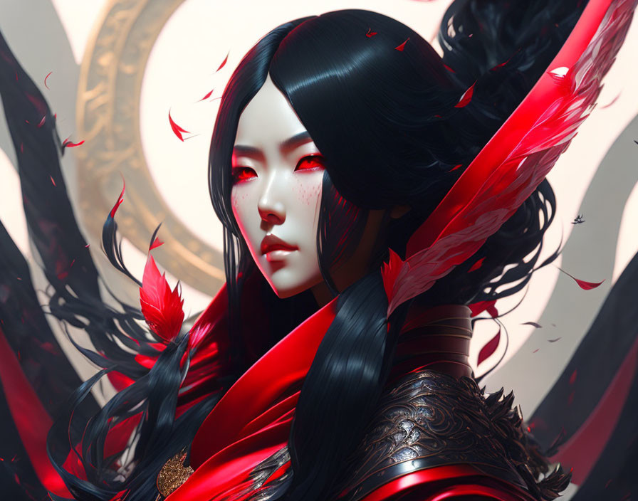 Digital artwork featuring woman with pale skin, black hair, red accents, detailed armor, feathers, circular