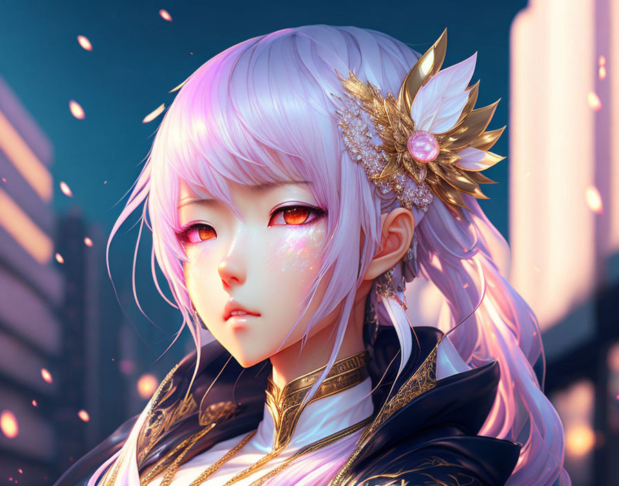 Illustrated female character with white hair, red eyes, golden adornments, and glowing petals.