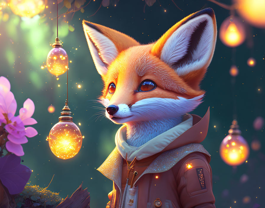 Anthropomorphic fox in jacket with glowing lanterns and nighttime flora