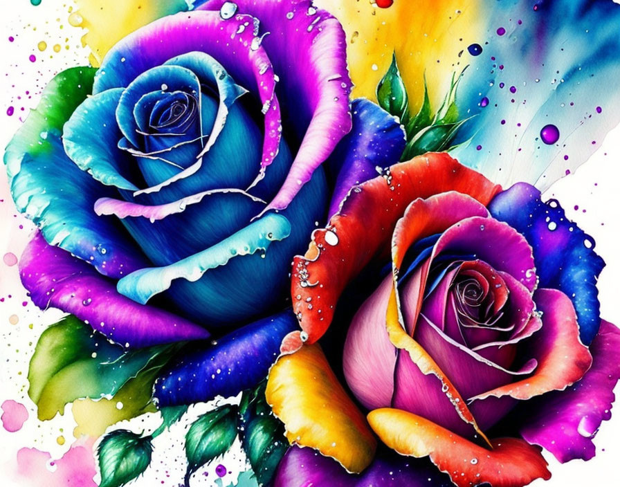 Multicolored roses with water droplets on splash background
