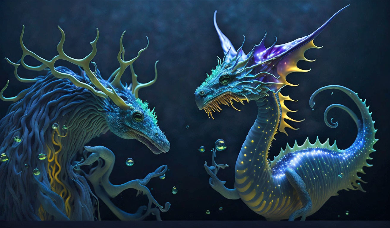 Bioluminescent sea dragons in dark underwater scene