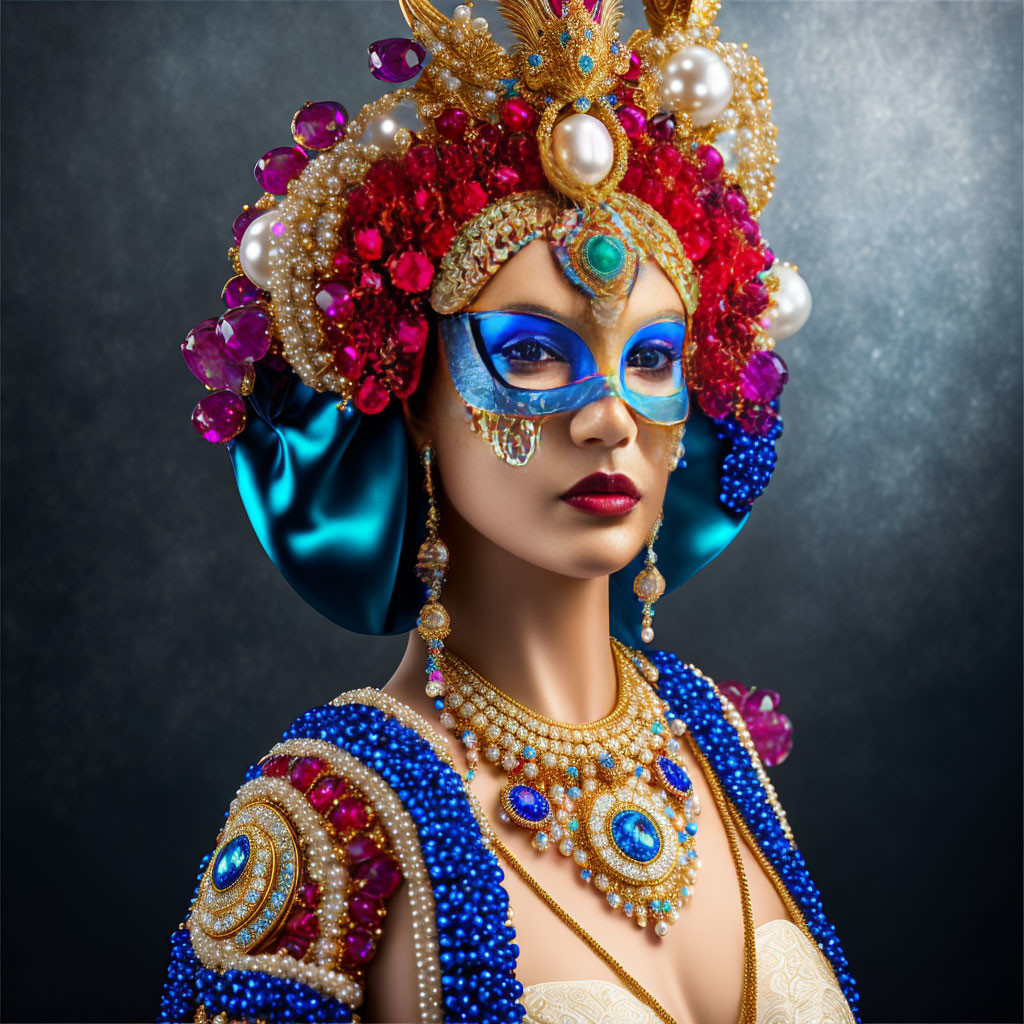Person in Intricate Jeweled Headpiece and Blue Mask with Ornate Costume Jewelry