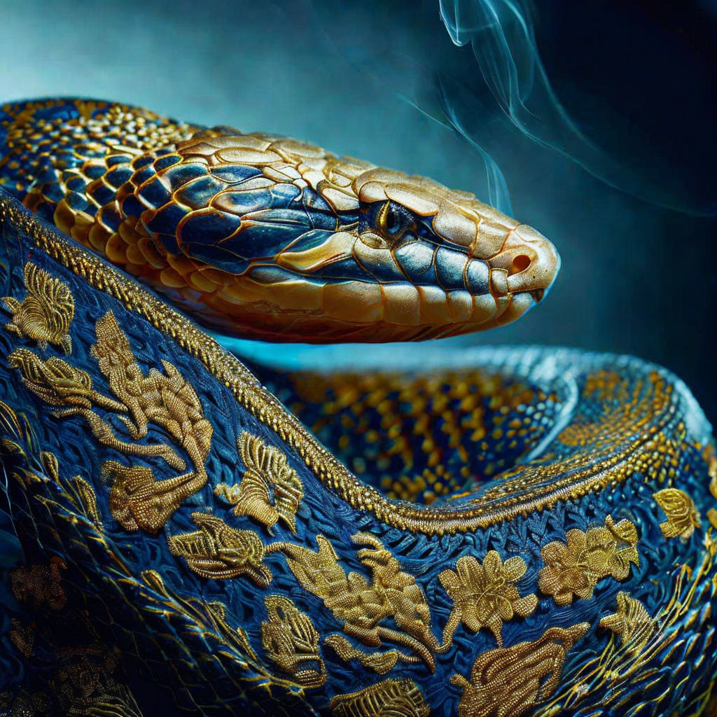 Detailed close-up: Snake with intricate scales on embroidered fabric emitting smoke.