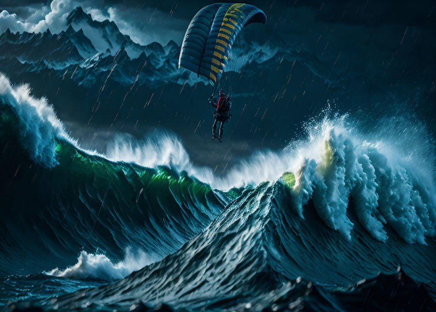 Paraglider flying over stormy ocean waves with dramatic lighting