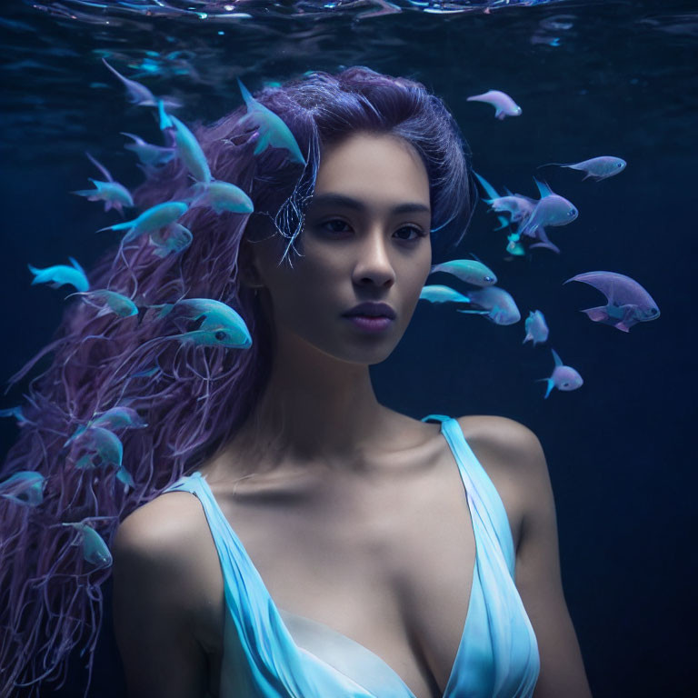 Pink-haired woman underwater with small fish - serene and ethereal.