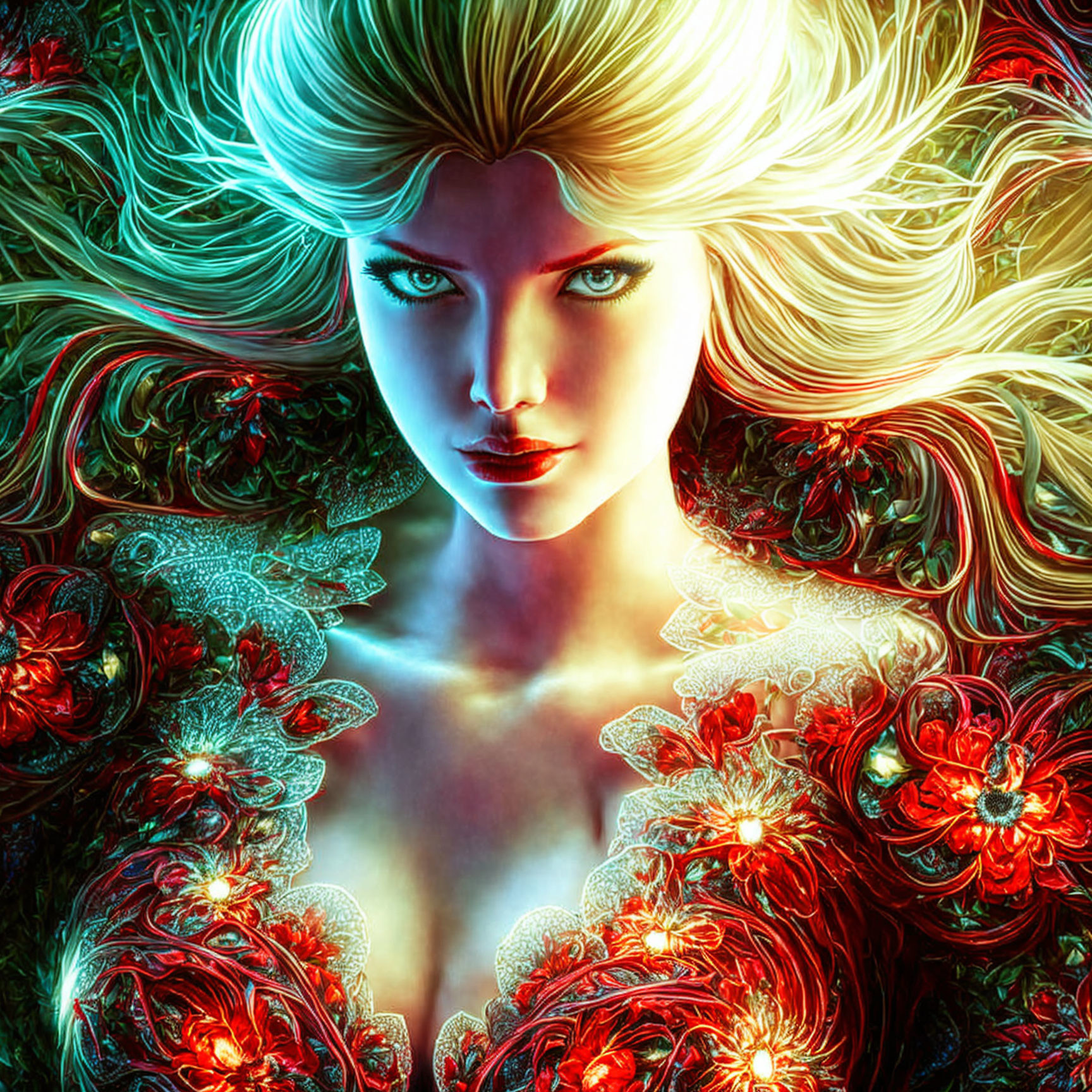 Beautiful woman with red passion flowers.