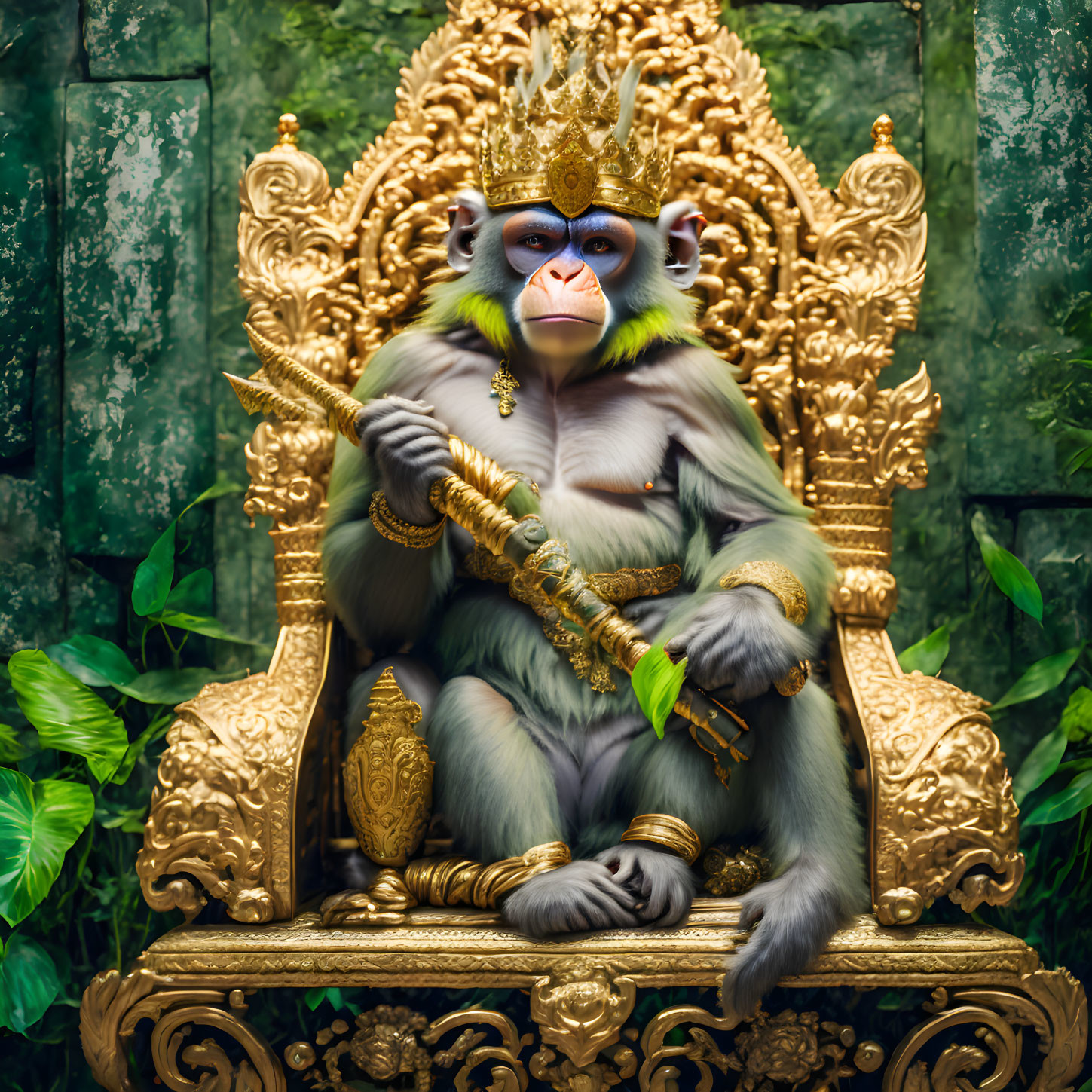  A monkey king, on a richly carved medieval throne
