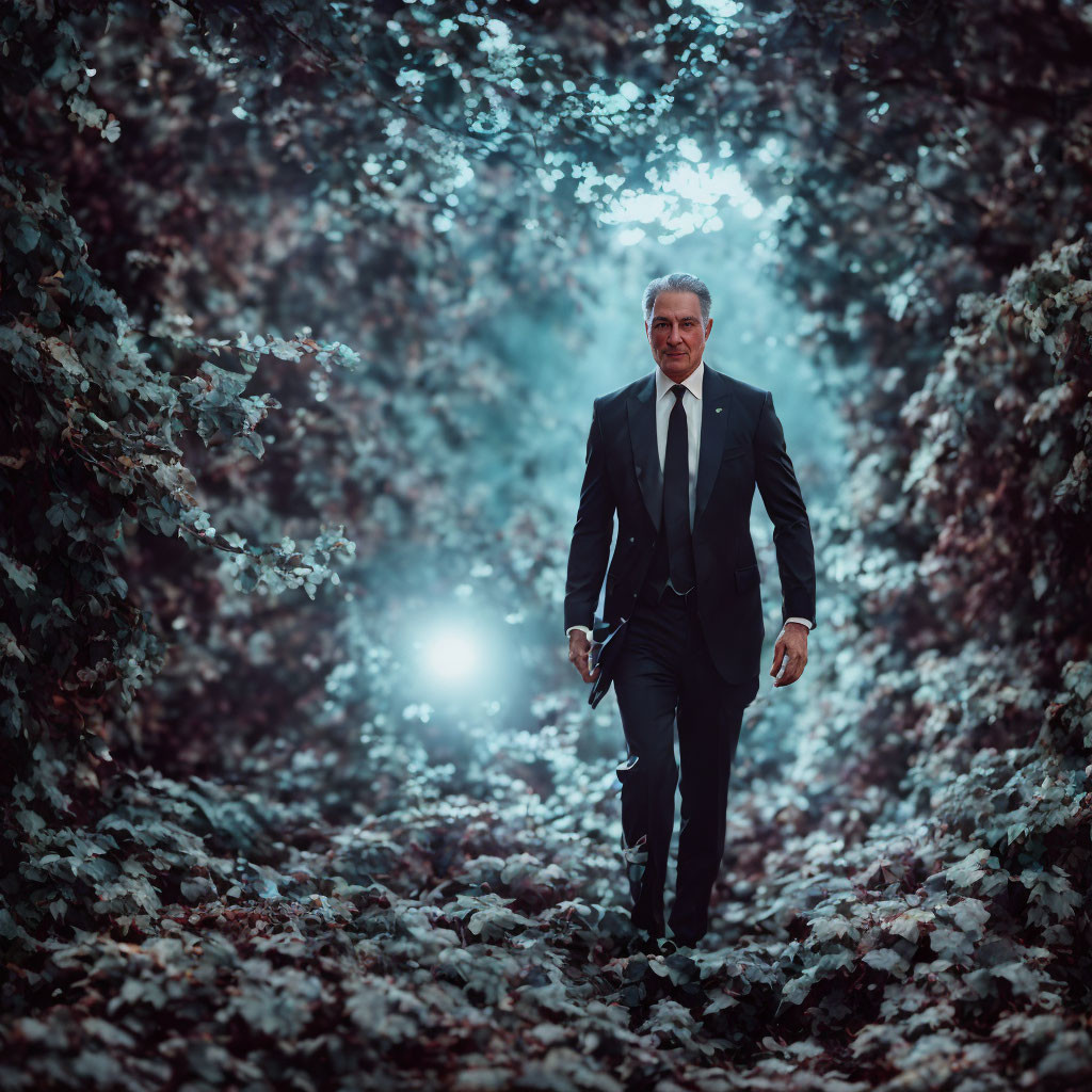 A business man lost in the forest