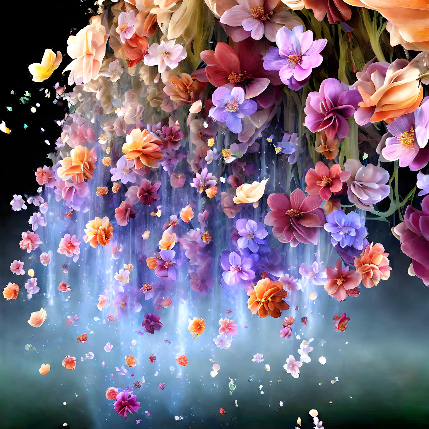 Vibrant array of floating flowers in pink, orange, and purple on dark background