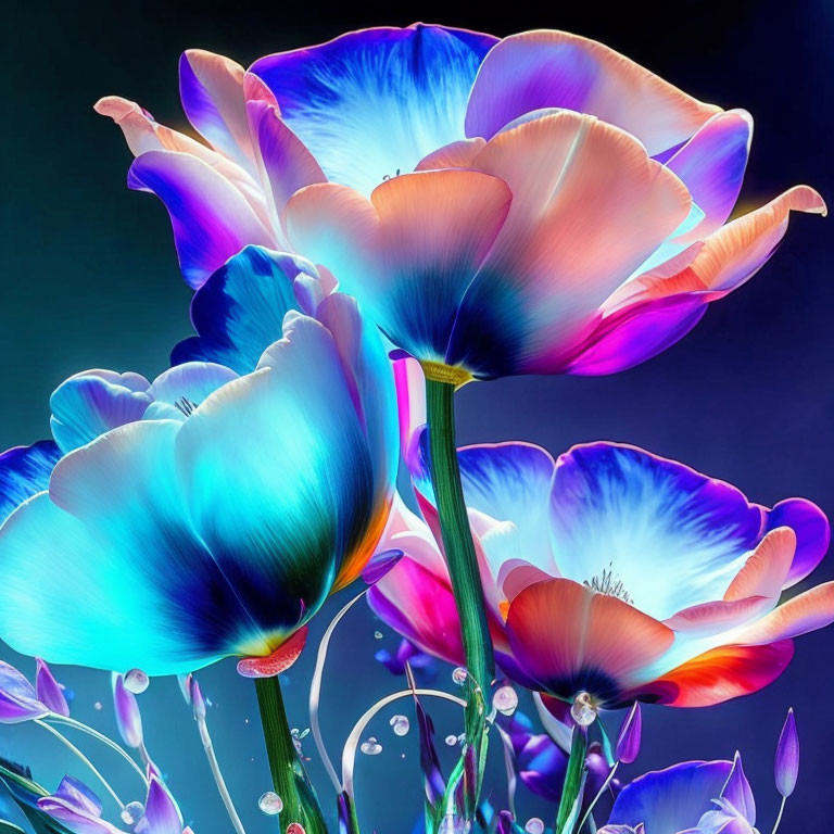 Colorful digital artwork: Stylized neon flowers in blue, purple, and pink.
