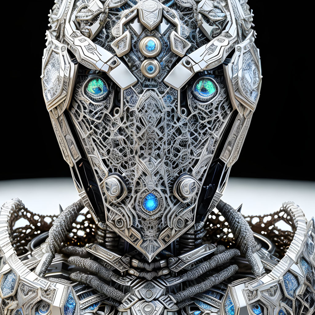 Detailed Robotic Head with Glowing Blue Eyes and Ornate Design