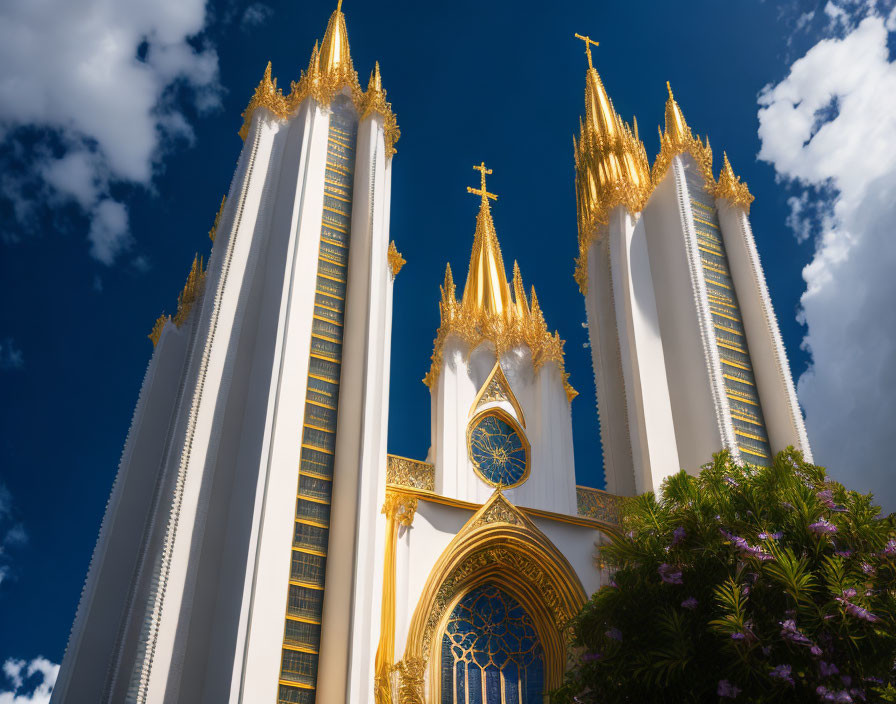 Majestic church with white spires and golden accents under blue sky
