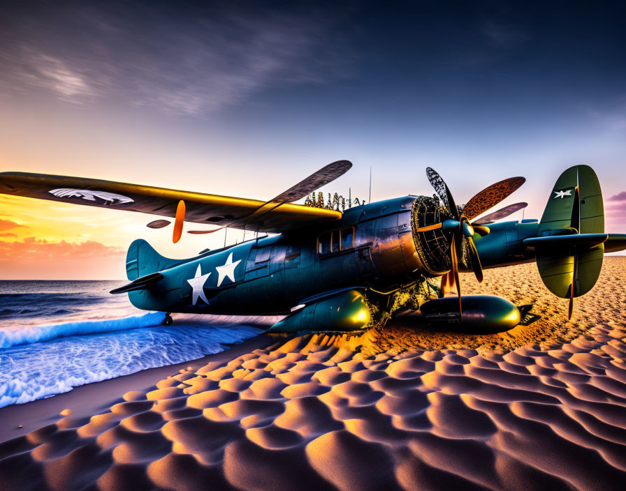 Vintage Military Airplane on Sandy Beach at Sunset
