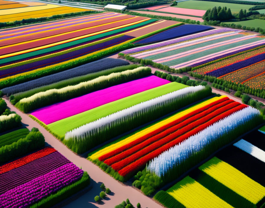 Vibrant Multicolored Flower Fields in Neat Rectangular Patches