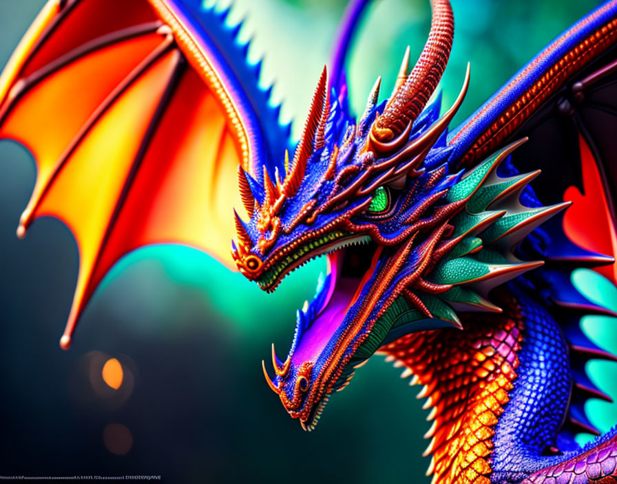 Dual-headed dragon digital artwork in blue and orange scales on green background
