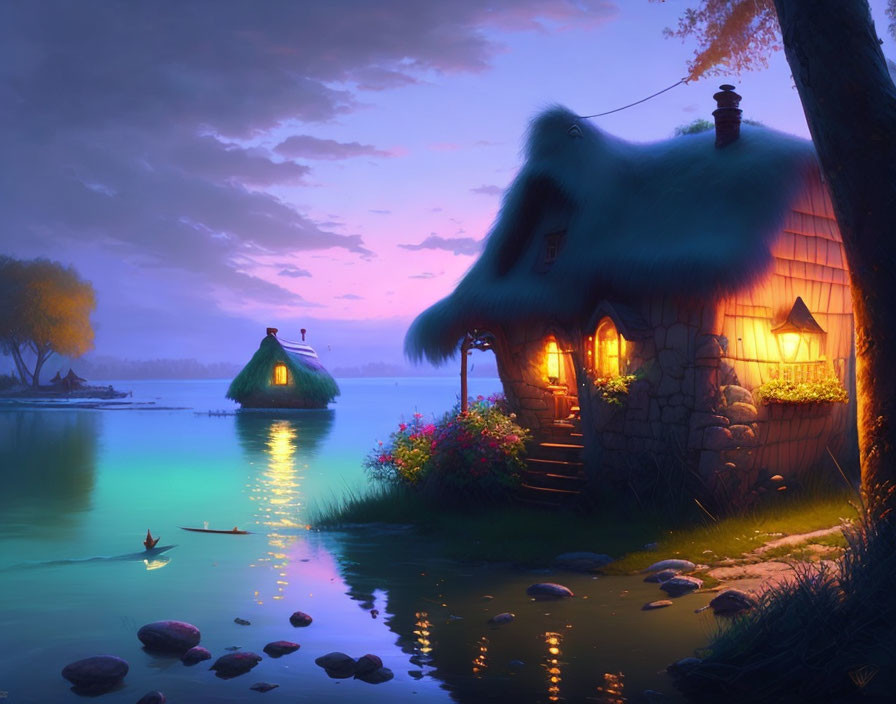 Tranquil evening scene: Thatched-roof cottage by calm lake with vibrant flowers and paper boat