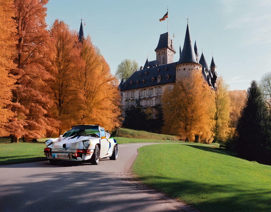 Vintage sports car parked in front of majestic castle and autumn trees on road.