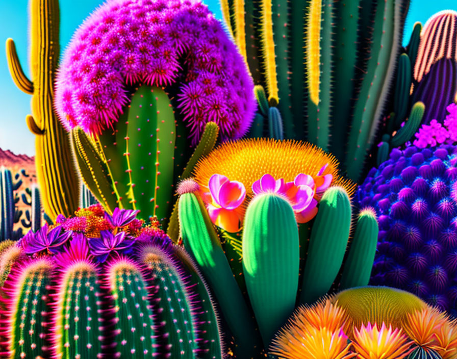 Digitally altered cacti in neon colors against bright sky