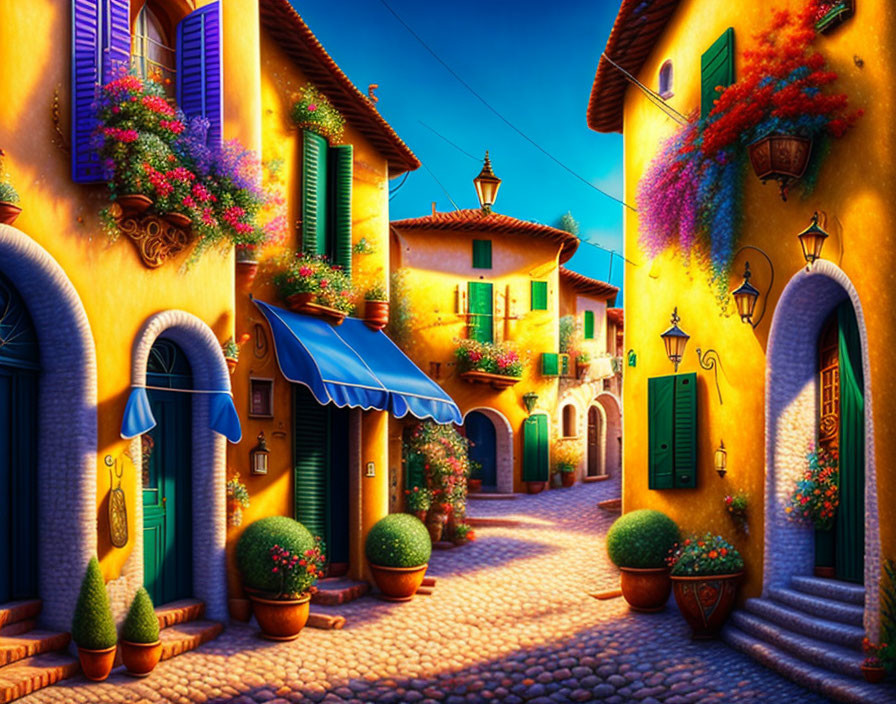 Vibrant Mediterranean houses on cobblestone street at twilight