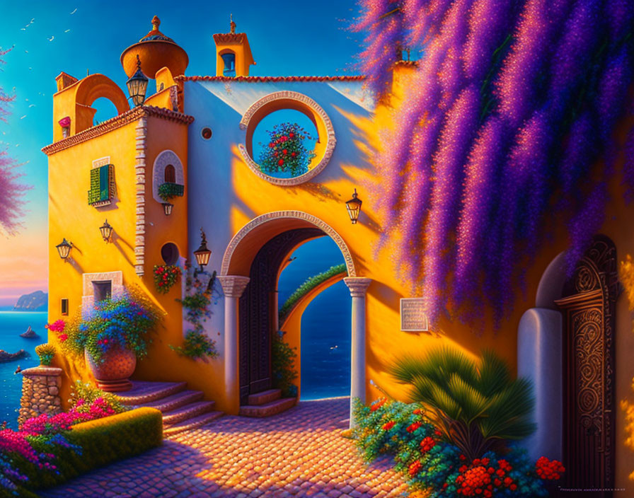 Colorful Mediterranean Coastal Villa Painting with Sunset View