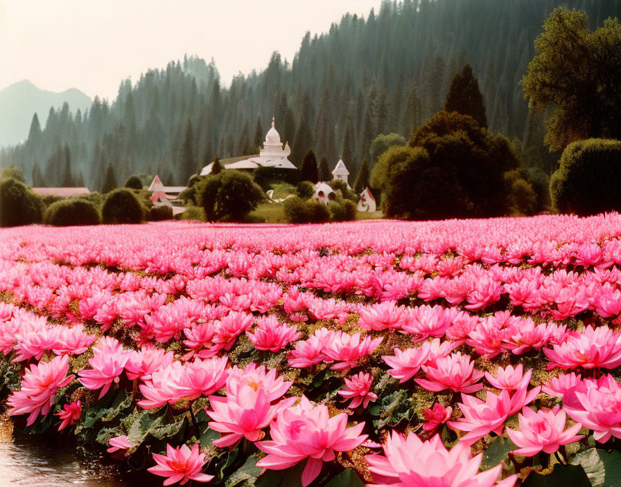 Scenic pink lotus flowers field with white building and green hills