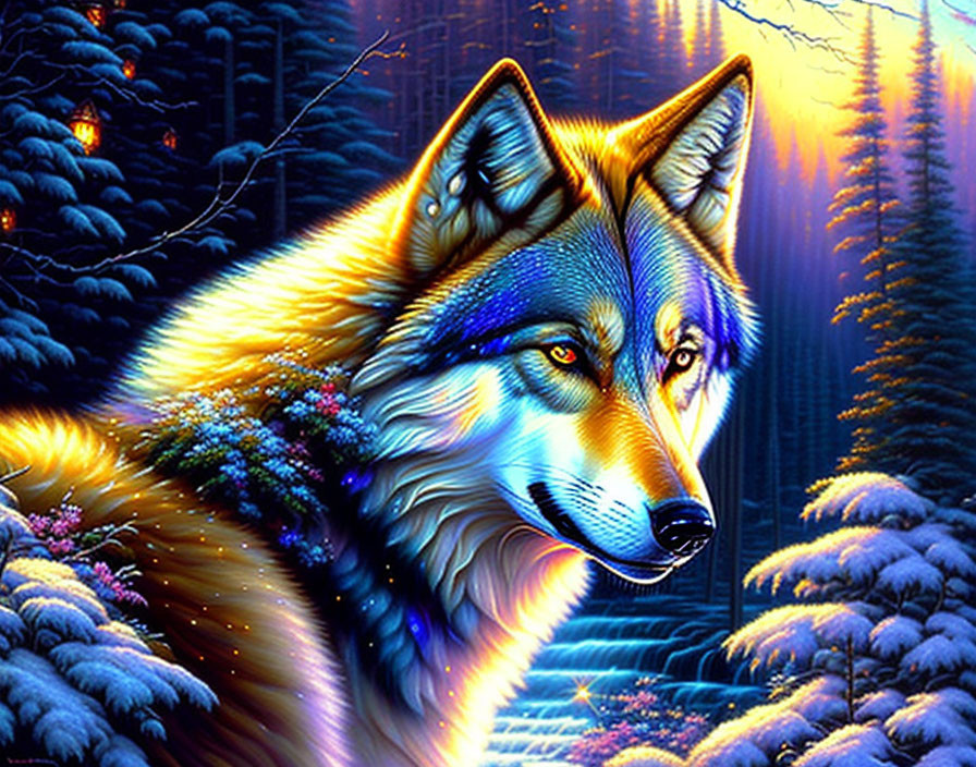 Vibrant Wolf Artwork with Blue and Orange Background