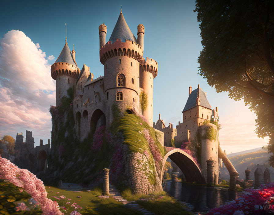 Enchanting fairytale castle with tall towers and stone bridge in lush greenery at sunset