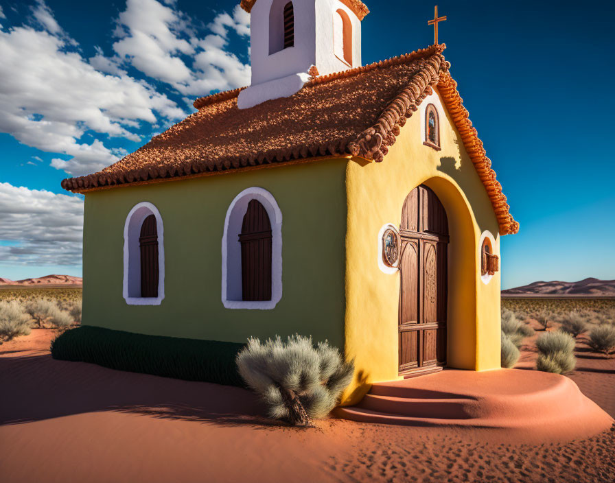Yellow and Green Church with Red Roof in Desert Landscape