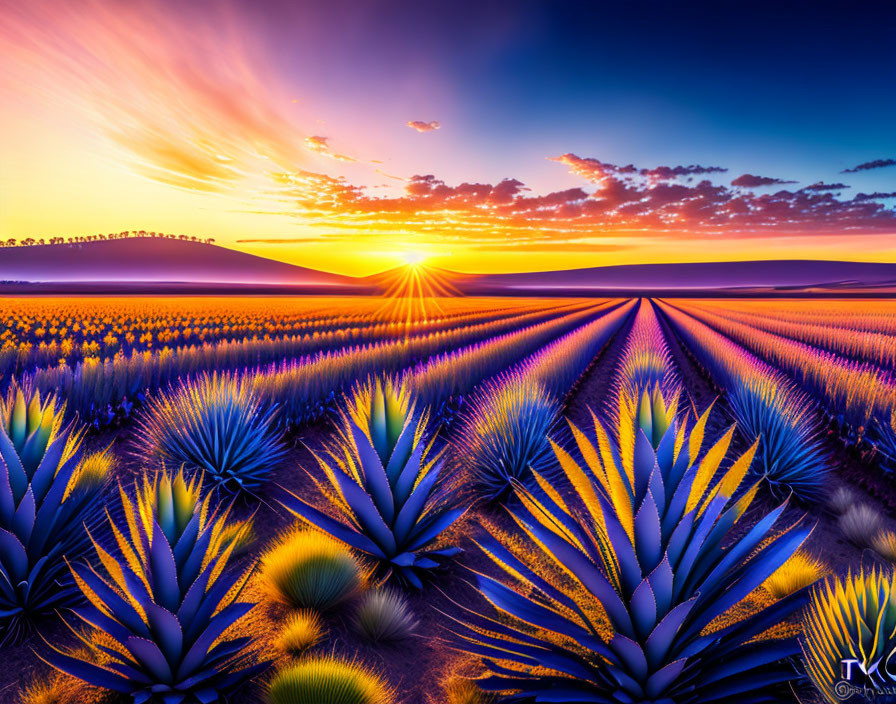 Colorful Sunset Over Agave Fields with Radiant Sunbeams