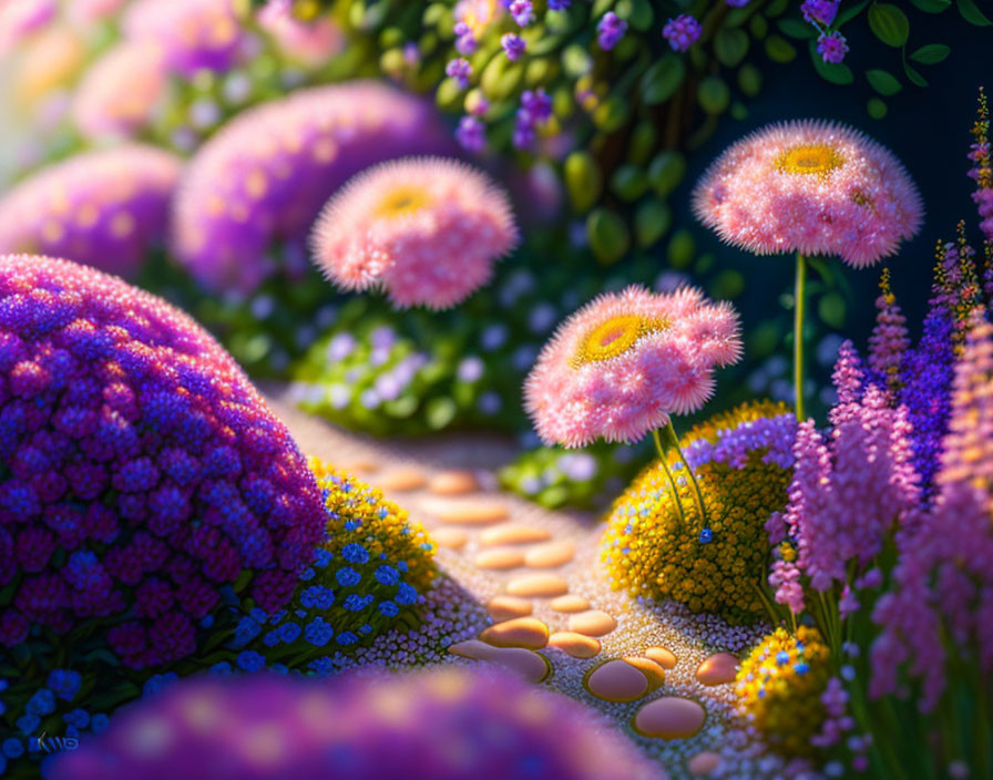 Fantasy garden with pink and purple flowers under magical lighting