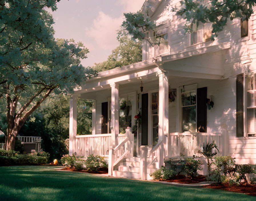 White House with Porch in Lush Greenery on Sunny Day