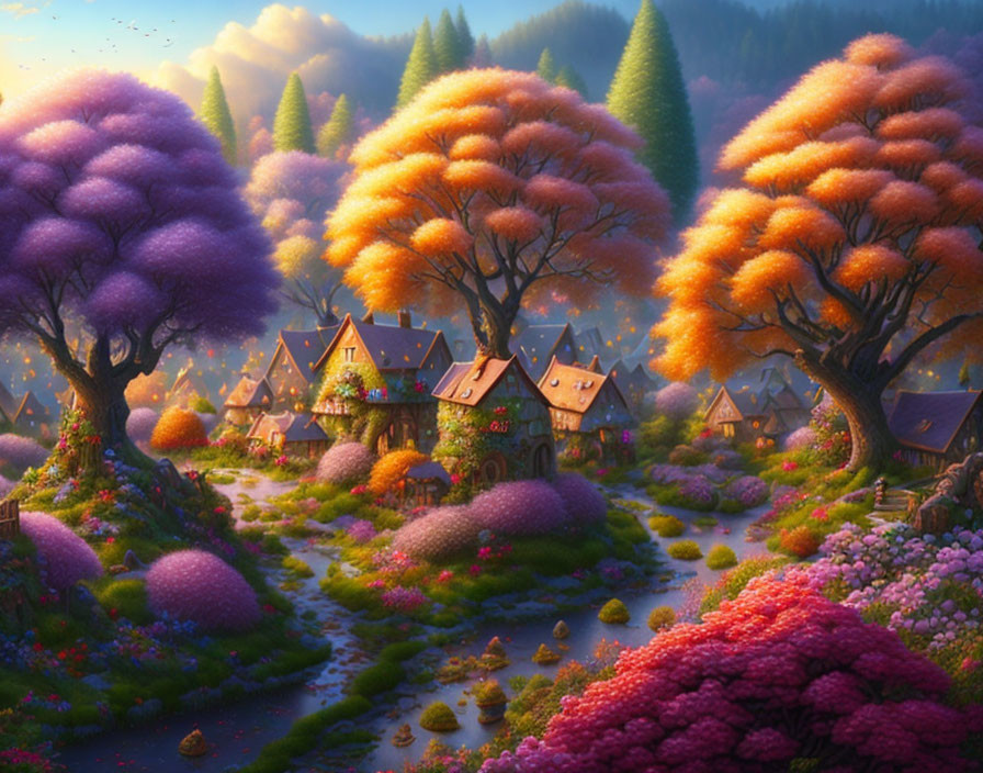 Colorful Village Scene with Cozy Cottages and Vibrant Trees
