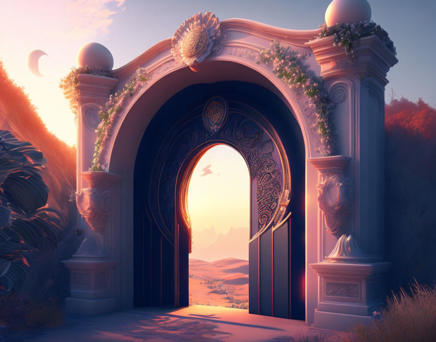 Serene landscape with ornate arched gateway at sunset