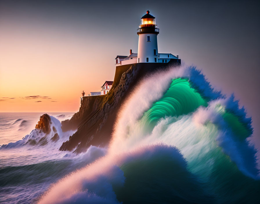 Rocky cliff lighthouse with colorful wave and twilight sky