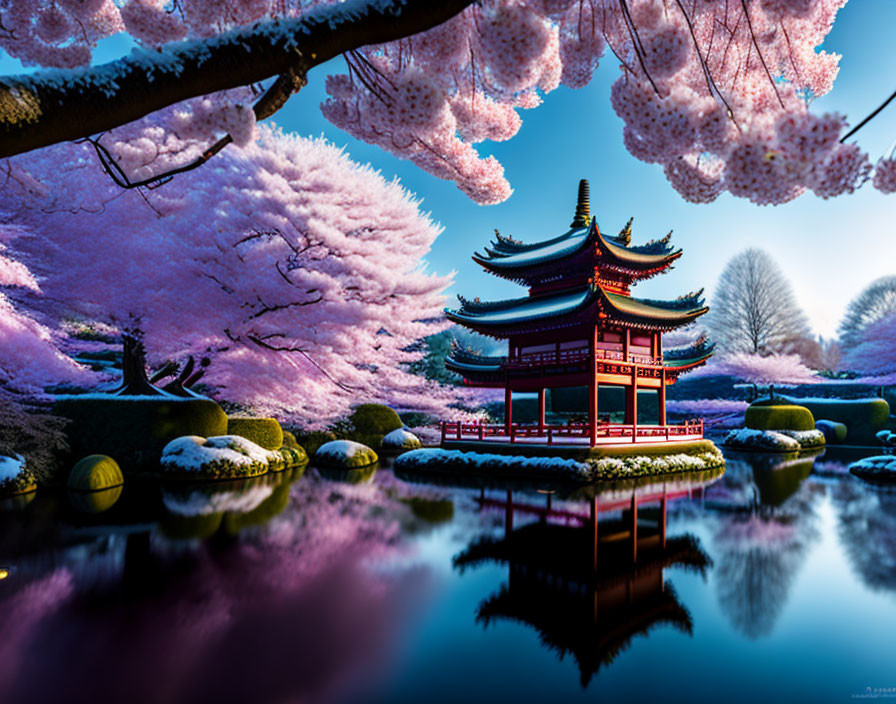 Japanese garden with red pagoda, cherry blossoms, pond, and blue sky