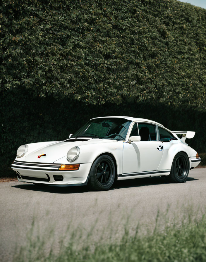 Vintage White Porsche 911 with Rear Spoiler Parked Near Green Bushes